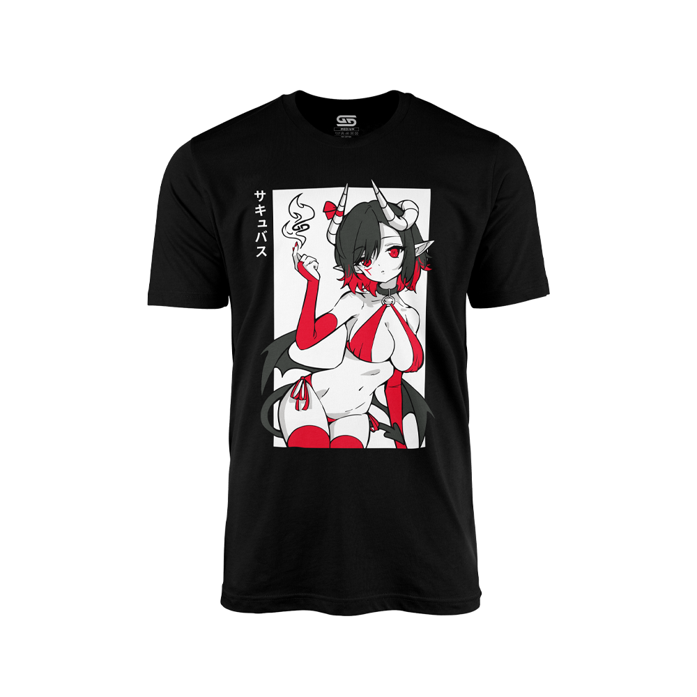 Black shirt with red and white anime succubus character with horns, wings, and Japanese text on the front.