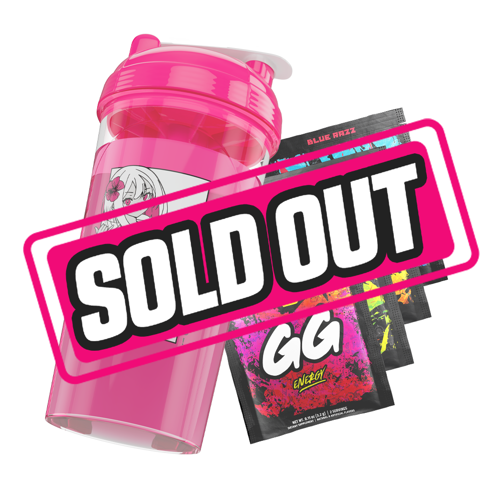 Clear shaker bottle with bright pink lid and black stylized "GD" logo on the side