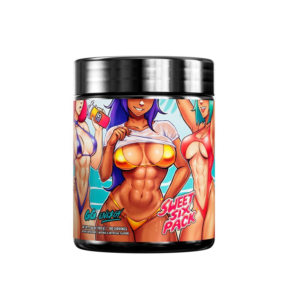 Black container with colorful tropical-themed label showing supplement facts and usage instructions in small text.