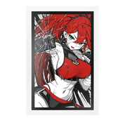 Red-haired anime character in black gloves punching through glass with intense blue eyes and a red outfit.