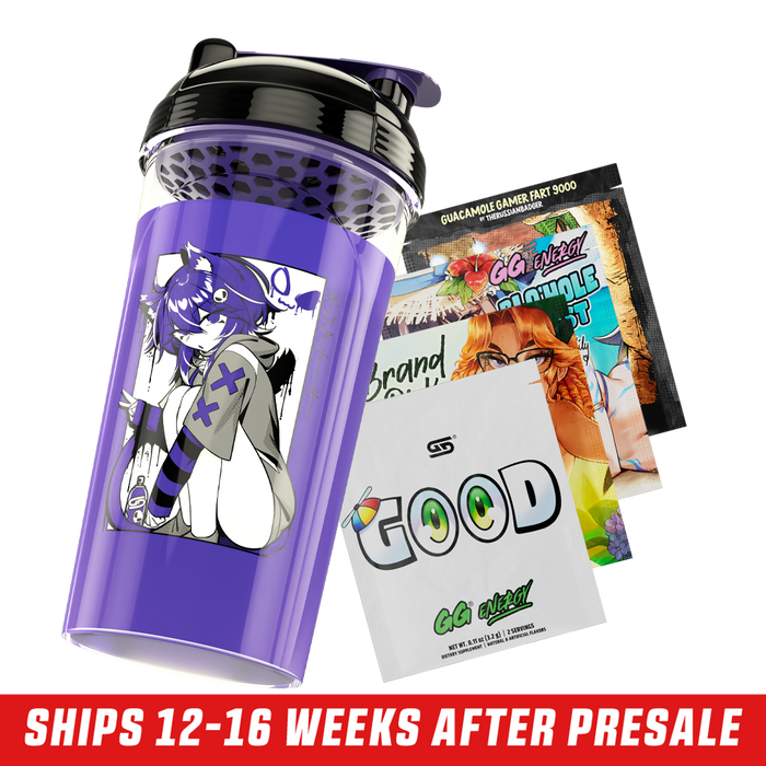 Clear shaker cup with black and purple lid featuring black and white anime girl with cat ears and skull hairpin.