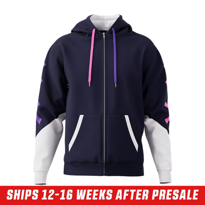 Navy zip-up hoodie with pink X designs on the sleeve and white lower sleeve panels in size 6XL.