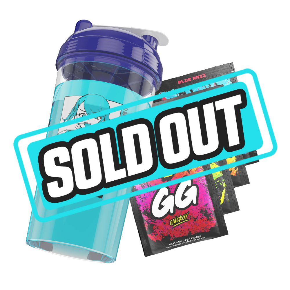 Clear plastic shaker cup with a dark blue lid and a black and white stylized "GD" logo on the side.