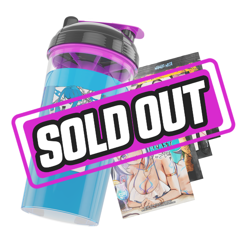 Clear shaker bottle with black and purple lid and a bold black logo on the side