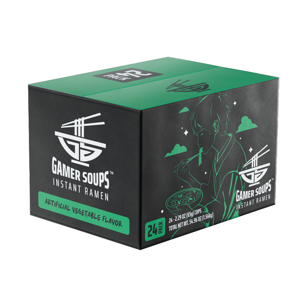 Black and green label with white chopsticks over a bowl logo and "Gamer Soups Instant Noodles" text with added MSG badge.