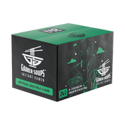 Black and green label with white chopsticks over a bowl logo and "Gamer Soups Instant Noodles" text with added MSG badge.