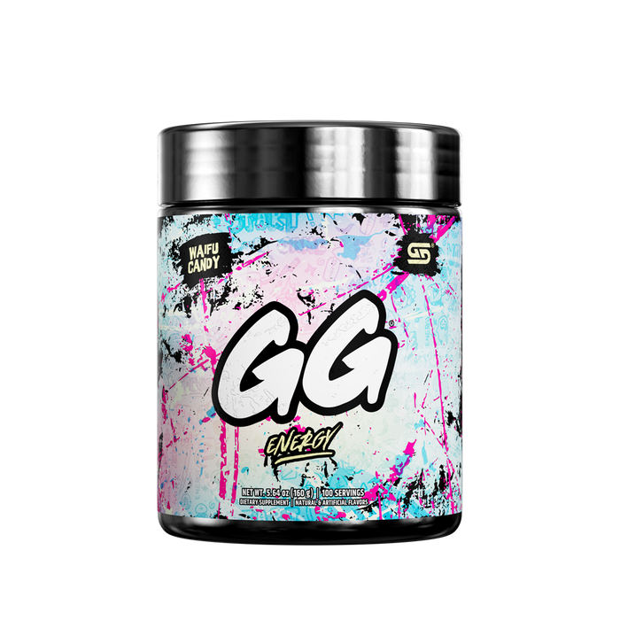 Black-lidded jar with graffiti-style pastel blue, pink, and white label featuring bold "GG" and "Waifu Candy" text