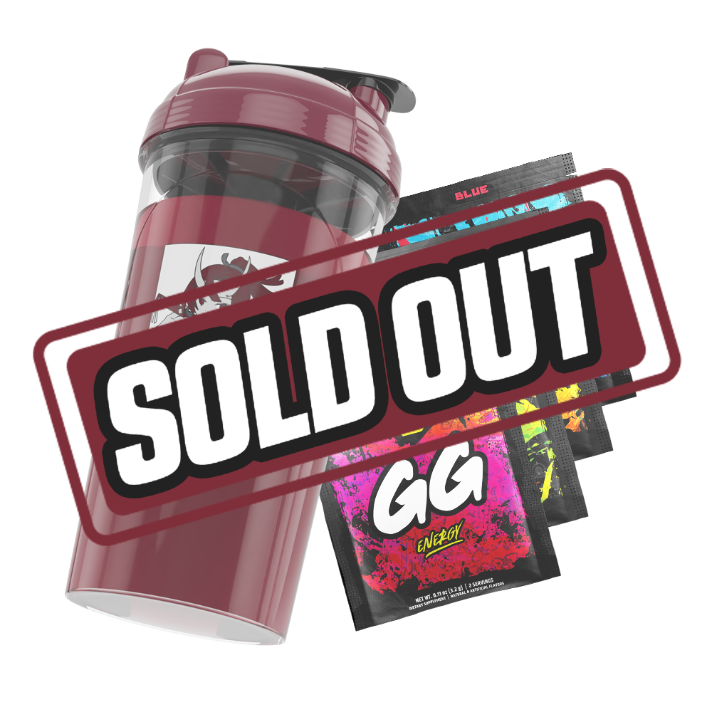 Clear shaker bottle with a maroon lid and a bold black and white stylized "GD" logo on the side