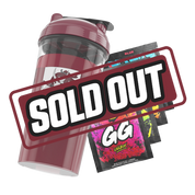 Clear shaker bottle with a maroon lid and a bold black and white stylized "GD" logo on the side