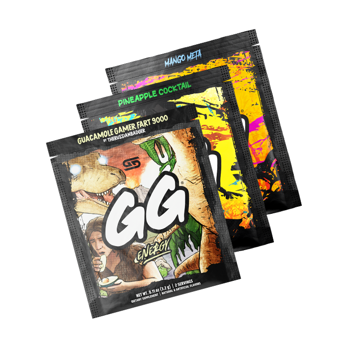 Three colorful GG Energy sample packets with bold text and dynamic graphic art including a dinosaur and vibrant splashes.
